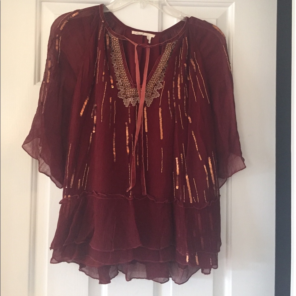 Anthopologie gauzy brick blouse with beads